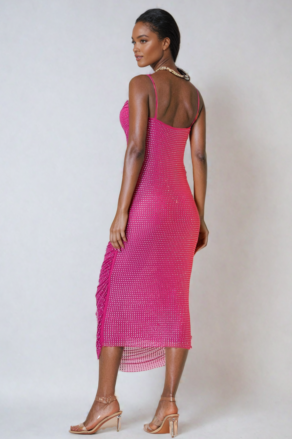 ROBE ROSE MI LONGUE A STRASS BACK