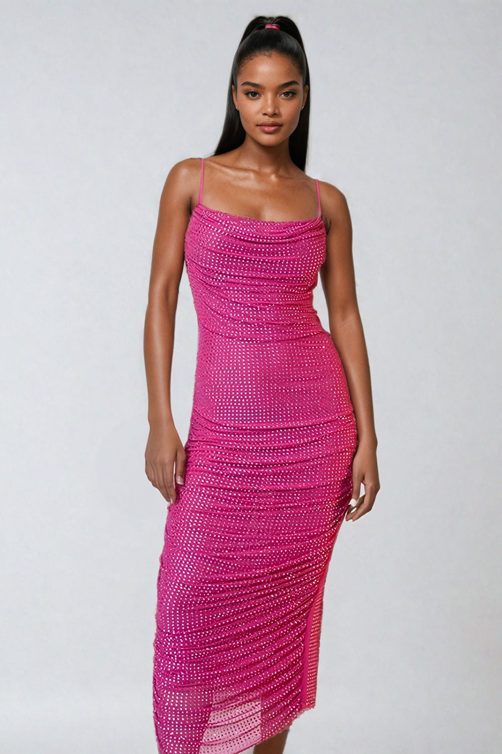 ROBE ROSE MI LONGUE A STRASS FRONT